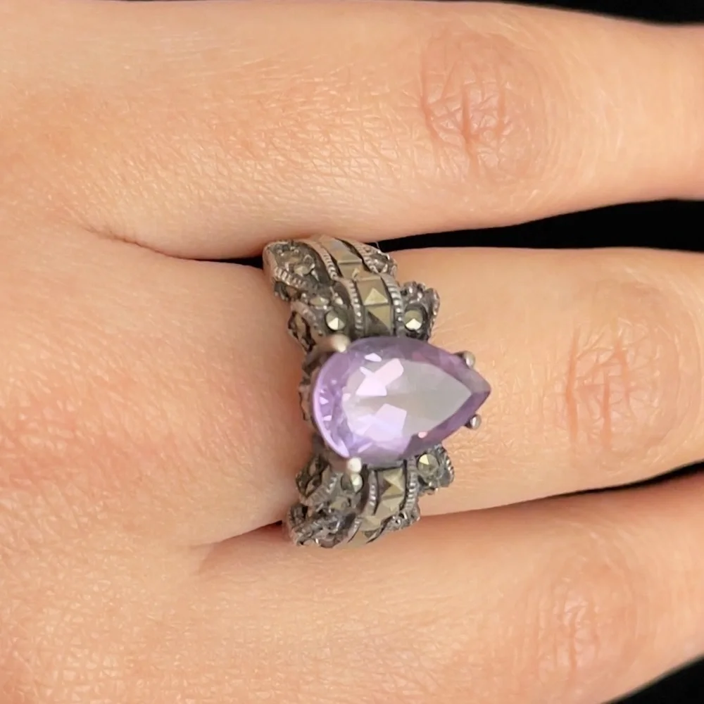 Judith Jack 925 Sterling Silver Amethyst & Marcasite Art Deco Size 6.5 Ring